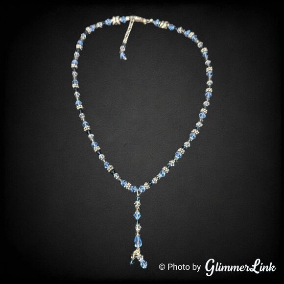 Blue Crystal Beaded Y Drop 925 Sterling Silver Necklace - Picture 1 of 13